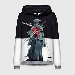 Мужская толстовка Скелет Самурай с трубкой на черно белом фоне