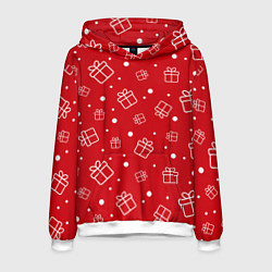 Толстовка-худи мужская Новогодние подарки на красном фоне, цвет: 3D-белый
