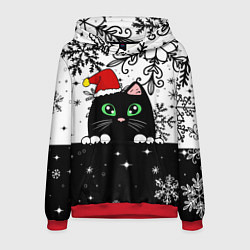 Толстовка-худи мужская Новогодний кот в колпаке Санты, цвет: 3D-красный