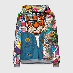 Толстовка-худи мужская Стикербомбинг с тигром, цвет: 3D-меланж