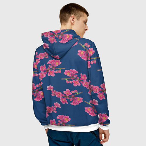 Мужская толстовка Веточки айвы с розовыми цветами на синем фоне / 3D-Белый – фото 4