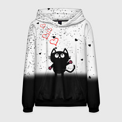 Толстовка-худи мужская Котик в тумане Сердечки, цвет: 3D-черный