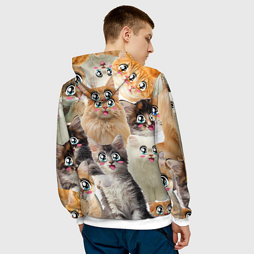 Мужская толстовка Много кошек с большими анимэ глазами / 3D-Белый – фото 4
