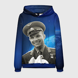 Толстовка-худи мужская Юрий Гагарин с голубем 3D, цвет: 3D-синий