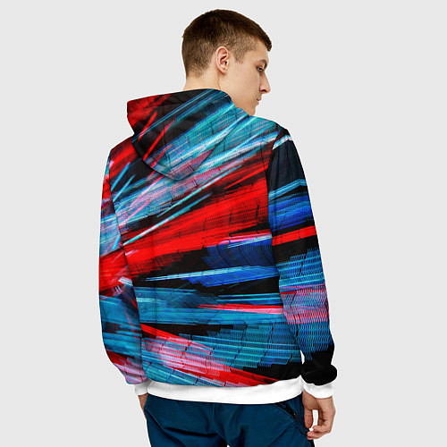 Мужская толстовка Неоновые прерывающиеся линии - Красный и голубой / 3D-Белый – фото 4