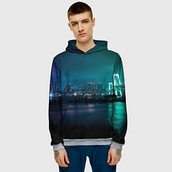 Толстовка-худи мужская Неоновый город с рекой - Светло-зелёный, цвет: 3D-меланж — фото 2