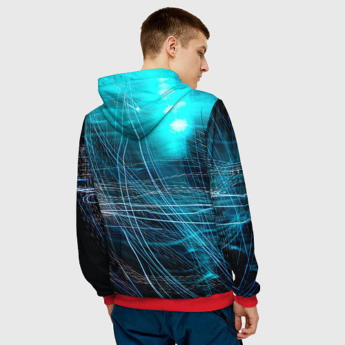 Мужская толстовка Неоновые волны и линии - Голубой / 3D-Красный – фото 4