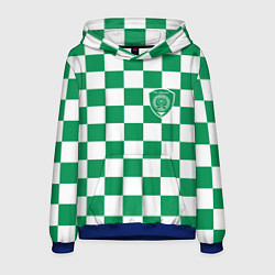Толстовка-худи мужская ФК Ахмат на фоне бело зеленой формы в квадрат, цвет: 3D-синий