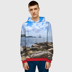 Толстовка-худи мужская Парусник на горизонте океана, цвет: 3D-красный — фото 2