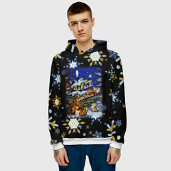 Толстовка-худи мужская Новый год лесные звери украшают ёлку, цвет: 3D-белый — фото 2