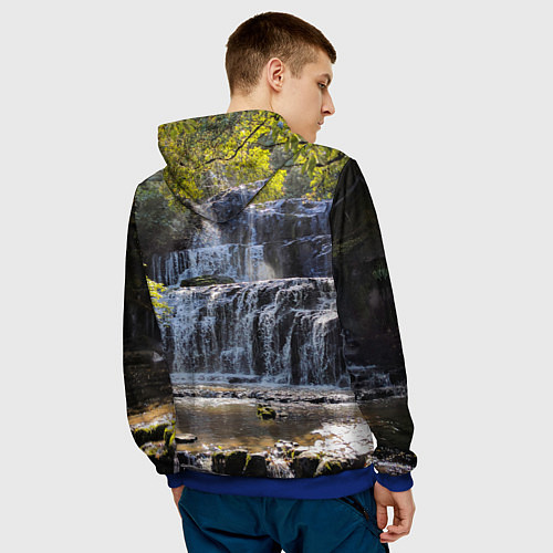 Мужская толстовка Водопад, солнечные лучи и лес / 3D-Синий – фото 4