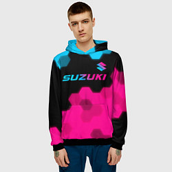 Толстовка-худи мужская Suzuki - neon gradient: символ сверху, цвет: 3D-черный — фото 2