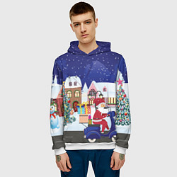 Толстовка-худи мужская Дед Мороз едет на скутере с подарками в Новогоднюю, цвет: 3D-белый — фото 2