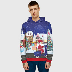 Толстовка-худи мужская Дед Мороз едет на скутере с подарками в Новогоднюю, цвет: 3D-красный — фото 2