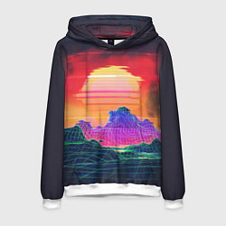 Толстовка-худи мужская Синтвейв неоновые горы на закате, цвет: 3D-белый