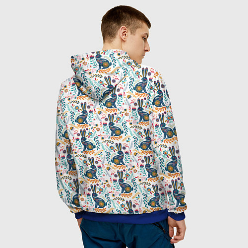 Мужская толстовка Новогодний паттерн - Кролики и веточки / 3D-Синий – фото 4