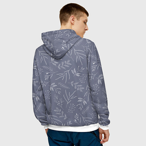 Мужская толстовка Минималистичный растительный узор на серо-голубом / 3D-Белый – фото 4