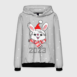 Толстовка-худи мужская Белый кролик в шарфе 2023, цвет: 3D-черный