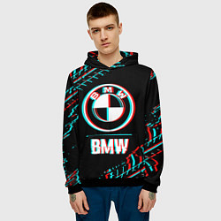 Толстовка-худи мужская Значок BMW в стиле glitch на темном фоне, цвет: 3D-черный — фото 2