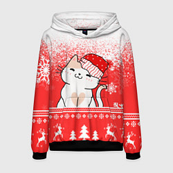 Толстовка-худи мужская Новогодний милый котик, цвет: 3D-черный