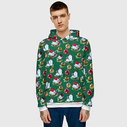 Толстовка-худи мужская Новогодние домики на зеленом - паттерн, цвет: 3D-белый — фото 2