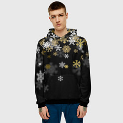Толстовка-худи мужская Золотые и белые снежинки, цвет: 3D-черный — фото 2