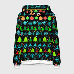 Толстовка-худи мужская Узор с ёлками и оленями, цвет: 3D-белый