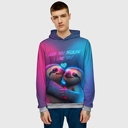 Толстовка-худи мужская Влюбленные ленивцы обнимаются на фоне неонового се, цвет: 3D-меланж — фото 2