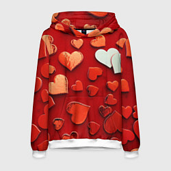 Толстовка-худи мужская Красные сердца на красном фоне, цвет: 3D-белый