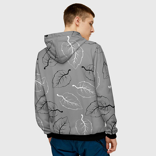 Мужская толстовка Узор из черных и белых листьев на сером фоне / 3D-Черный – фото 4