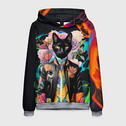 Толстовка-худи мужская Модный чёрный кот - нейросеть - мода, цвет: 3D-меланж