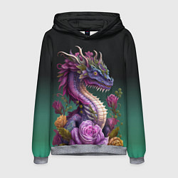 Толстовка-худи мужская Неоновый дракон с цветами, цвет: 3D-меланж