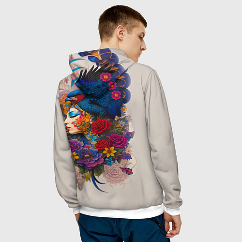 Мужская толстовка Профиль девушки с птицей - татуировка / 3D-Белый – фото 4