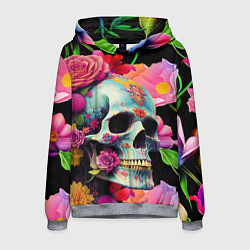Толстовка-худи мужская Skull on a background of flowers - irezumi, цвет: 3D-меланж