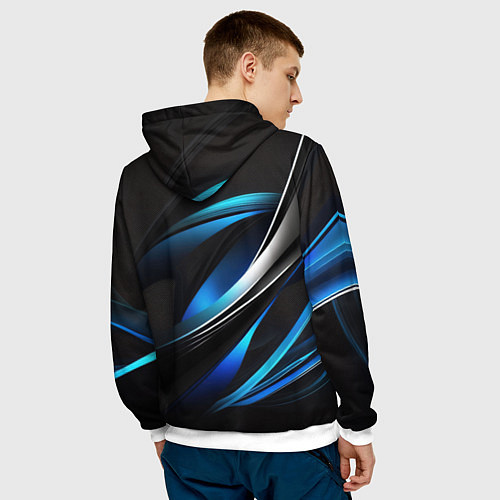 Мужская толстовка Абстрактные синие и белые линии на черном фоне / 3D-Белый – фото 4