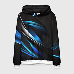 Толстовка-худи мужская Абстрактные синие и белые линии на черном фоне, цвет: 3D-белый