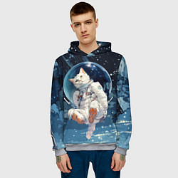 Толстовка-худи мужская Белый кот космонавт в невесомости, цвет: 3D-меланж — фото 2
