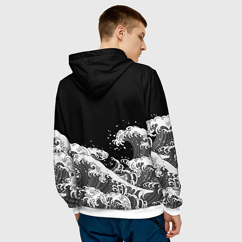 Мужская толстовка Японские волны на темном фоне / 3D-Белый – фото 4