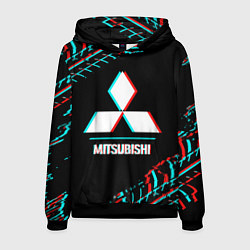 Мужская толстовка Значок Mitsubishi в стиле glitch на темном фоне