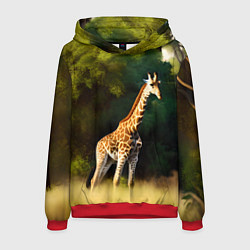 Толстовка-худи мужская Жираф на фоне деревьев, цвет: 3D-красный