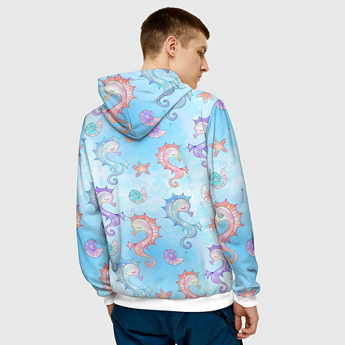 Мужская толстовка Морские коньки - паттерн / 3D-Белый – фото 4