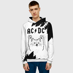 Толстовка-худи мужская AC DC рок кот на светлом фоне, цвет: 3D-белый — фото 2