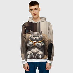 Толстовка-худи мужская Кот сидит на диване с напитком, цвет: 3D-белый — фото 2