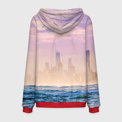 Мужская толстовка Кенгуру в стиле киберпанк на фоне мегаполиса / 3D-Красный – фото 2