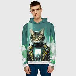 Толстовка-худи мужская Funny cat on the background of skyscrapers, цвет: 3D-белый — фото 2