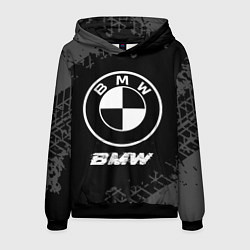 Толстовка-худи мужская BMW speed на темном фоне со следами шин, цвет: 3D-черный