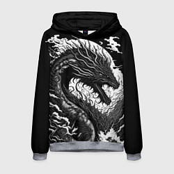 Толстовка-худи мужская Черно-белый дракон и волны, цвет: 3D-меланж