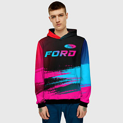 Толстовка-худи мужская Ford - neon gradient: символ сверху, цвет: 3D-черный — фото 2