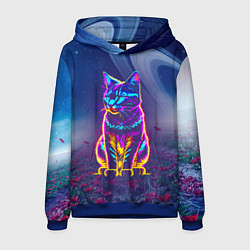 Толстовка-худи мужская Космический неоновый котик - нейросеть, цвет: 3D-синий