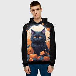 Толстовка-худи мужская Котик и тыквы - хеллоуин, цвет: 3D-черный — фото 2